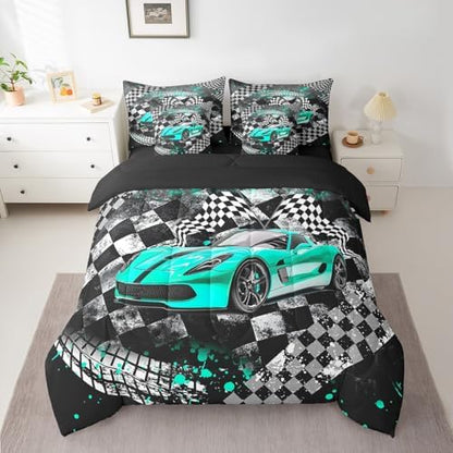 Castle Fairy Racing Car Comforter Set Bed in a Bag 7 Pieces King,Boys Men Speed Sport Bedding Set,Vintage Abstract Geometric Track (Comforter+Fitted+Flat Sheet+2 Pillowcases+2 Throw Pillow Covers)