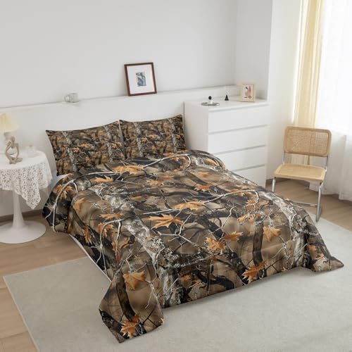 Feelyou Camo Comforter Set King Size for Men Boys Adults Kid Hunting Camouflage Tree Bedding Set Boho Cabin Hunting Down Comforter Forest Rustic Farmhouse Room Decor Quilt Set 2 Pcs