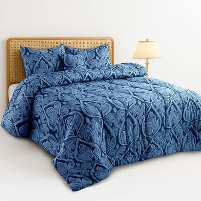 LUX Décor Reversible 5pc Queen Comforter Set, Printed Bedding Set, Microfiber Bed in a Bag, Includes 1 Comforter, 2 Pillow Shams, 1 Decorative Pillow & 1 Bed Skirt (Paisley Navy,Queen)