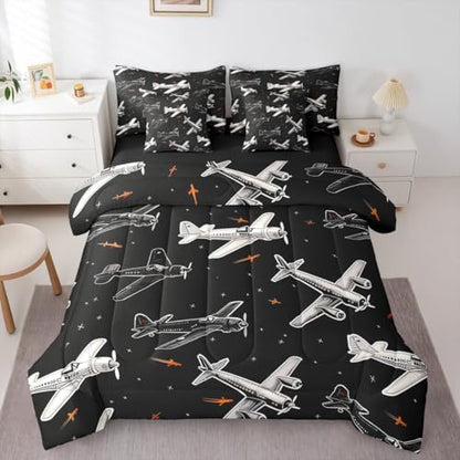 Erosebridal Boys Cartoon Airplane Queen Bed in A Bag, Modern Aircraft Comforter Set with Sheets, Black and White 7 Pcs Bedding Set, Aviation Theme Bed Sets for Kids Men Bedroom Decor