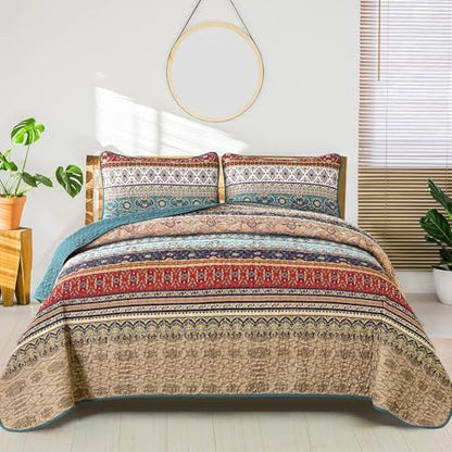WONGS BEDDING Boho Queen Quilt Bedding Set, 3 Pieces Bedspread,Brown Green