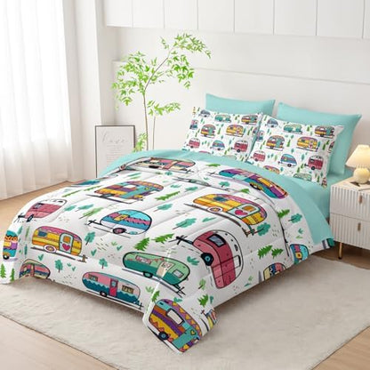 HOSIMA 7Pcs Forest Print Cartoon Camping Queen Comforter Set with Sheets.