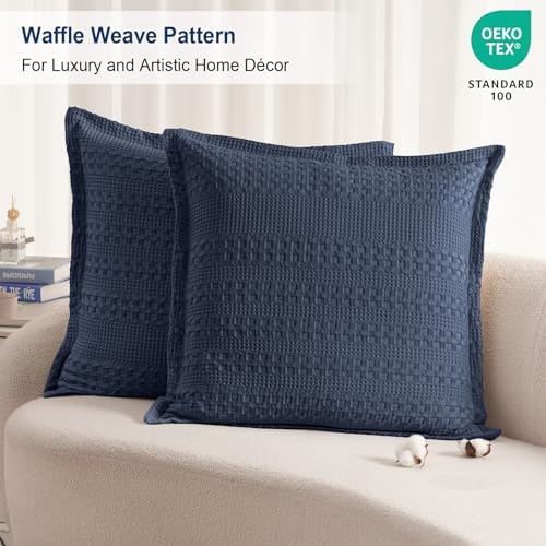 PHF Cotton Ruffle Waffle Weave Euro Sham Covers 26"x26", Indigo, No Insert