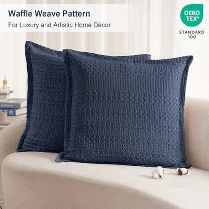 PHF Cotton Ruffle Waffle Weave Euro Sham Covers 26"x26", Indigo, No Insert