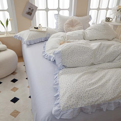 King Comforter Set Blue Floral Comforter King Vintage Floral Bedding Comforter Boho Ruffle Comforter Set Cottagecore Flower Botanical Comforter with 2 Pillowcases Fluffy Soft Comfy Comforter Set