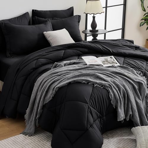 HEVUMYI 7-Piece Oversized Queen Comforter Set, Black Bed in a Bag