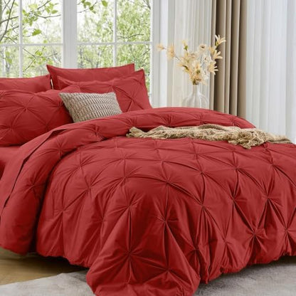 Sasttie Full Size Comforter Set, 7-Piece Bed in a Bag Double, Pintuck Bedding Set for All Season, Includes Comforter, Flat Sheet, Fitted Sheet, Pillowcases and Pillowshams, Red