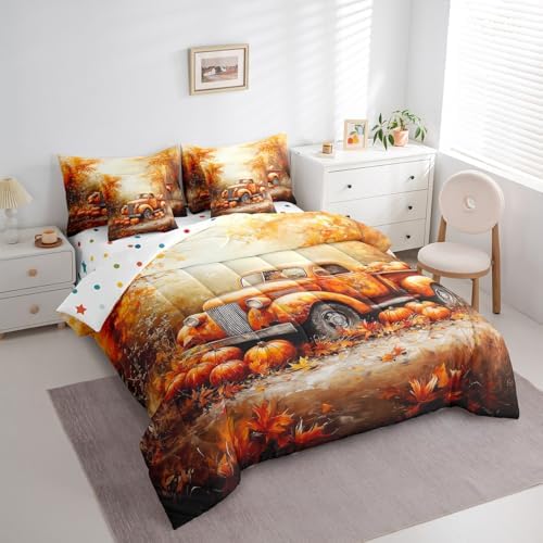 Erosebridal Autumn Truck Pumpkin Bed in A Bag with Sheets for Kids Boys Girls Fall Harvest King Comforter Set 7 Piece Maple Leaves Print Bedding Set Rustic Farmhouse Style Bed Set Holiday Decor