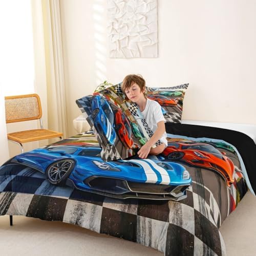 Feelyou Boys Race Car Bedding Set Soft for Boys Girls, Speed Sports Car Comforter Set Full Size Racing Extreme Sports Duvet Quilt Microfiber Automobile Bedroom Decor 3 Pcs with 2 Pillow Cases