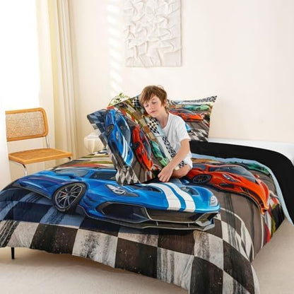 Feelyou Boys Race Car Bedding Set Soft for Boys Girls, Speed Sports Car Comforter Set Full Size Racing Extreme Sports Duvet Quilt Microfiber Automobile Bedroom Decor 3 Pcs with 2 Pillow Cases