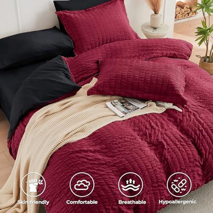 HYMOKEGE Red & Black Queen Comforter Set Seersucker 7 Pieces, All Season Luxury Bed in a Bag for Bedroom, Bedding Set with Comforters, Sheets, Pillowcases & Shams