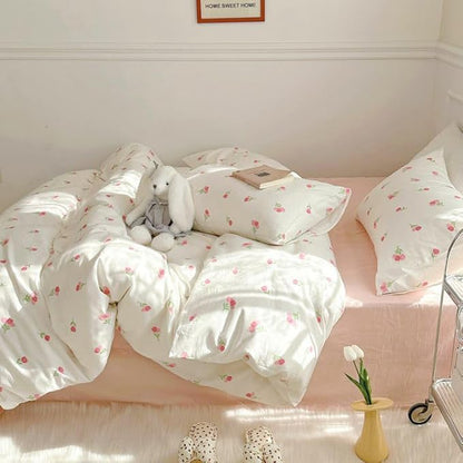 Nayoroom Pink Floral Comforter Set Twin Size Coquette Tulip Printed on White Comforter 2 Pcs Kids Girls Soft Lightweight Cute Bedding Set for All Seasons (1 Comforter, 2 Pillow Shams)