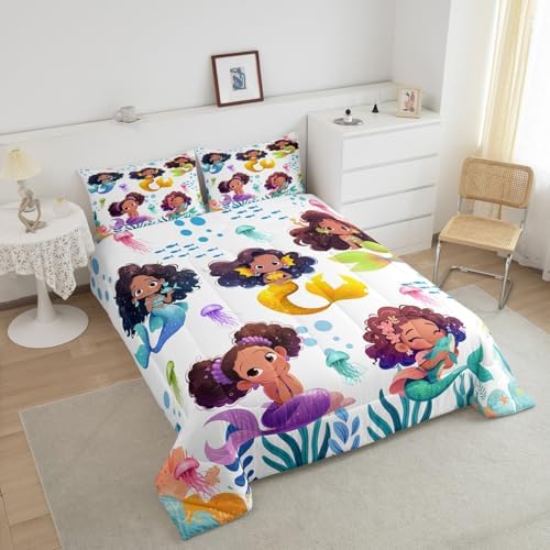 Homewish Cute Black Girl Mermaid Comforter Set Queen Size,Watercolor Coral Jellyfish Bedding Set for Kids Girls Teens Room Decor,African Black Girls Quilt Set Colorful Sea Life Duvet Insert 3Pcs