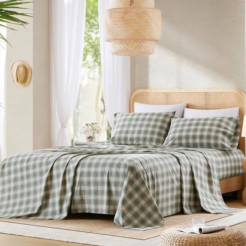 Comfort Spaces 100% Cotton Percale Sheets Queen Size 4 Piece, Wesley Green