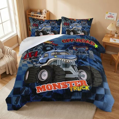 AILONEN Truck Comforter Set Twin Size, 3D Monster Truck on Blue Background Theme Bedding Set for Kids Boys Girls All Season,Soft Microfiber,3 Pieces,1 Quilt and 2 Pillowcases