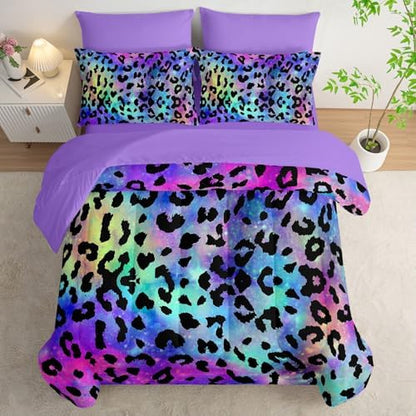 7Pcs Comforter Set Purple Leopard Printed Bedding Set with 1 Comforter, 1 Flat Sheet, 1 Fitted Sheet and 4 Pillowcases for Boys and Girls Bedroom All Season(Twin)