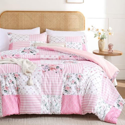 YIKUSH Pink Floral Full Comforter Set, Soft Lightweight All Season Bedding Set for Women Girls, Cozy Cottagecore Botanical Comforter Full Size with 2 Pillow Shams, Breathable Floral Bed Set