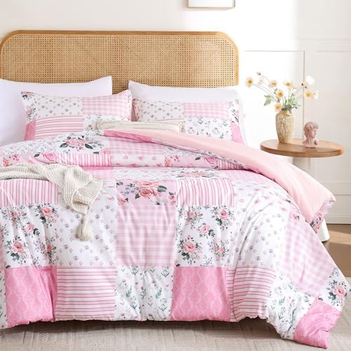 YIKUSH Pink Floral Twin Comforter Set, Soft Lightweight All Season Bedding Set for Women Girls, Cozy Cottagecore Botanical Comforter Twin Size with 1 Pillow Shams, Breathable Floral Bed Set