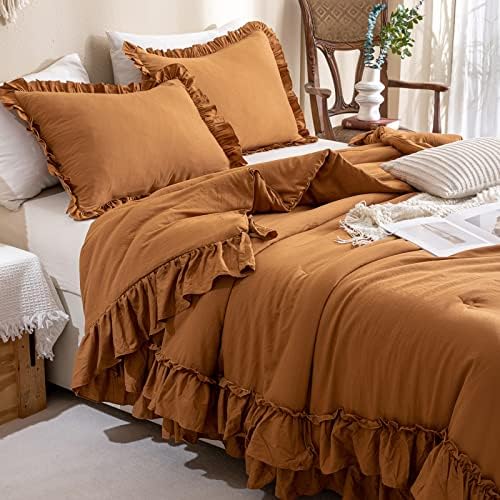Masaca Pumpkin Color Ruffle Comforter Queen Size,Farmhouse Shabby Boho Chic Queen Bedding Comforter Set,3pcs Ultra Soft Fluffy Brown Orange Comforter Sets for Queen Bed with 2 Ruffled Pillowcases