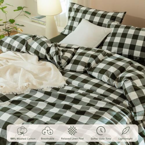 JIYUAN Queen Washed Cotton Duvet Cover Set, 3-Piece, Buffalo Check