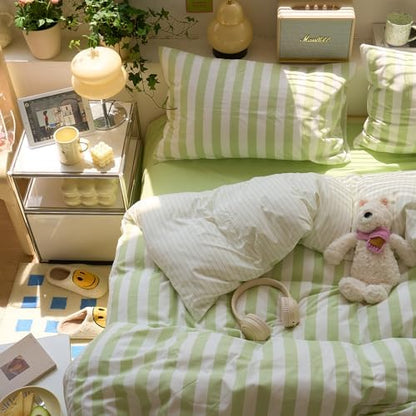 VM VOUGEMARKET Striped Duvet Cover Set Queen Teens Boys Girls Dorm Bedding Set Soft Lightweight Reversible Microfiber Farmhouse Duvet/Quilt Cover-90 x90,Green White