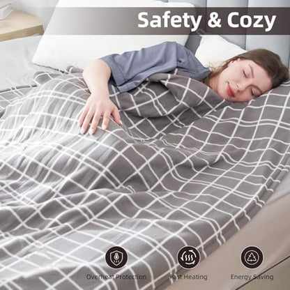 Electric Heated Blanket Full Size 72"x84",Whit 10 Hs Auto Off & 4 Heating Levels, Soft Fleece for Bed, Machine Washable, Gifts for Womens-Plaid Pattern, Light Gray