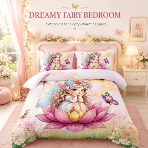 AILONEN Twin Beautiful Fairy Girls Comforter Set,Cute Girls Bedding Set for Kids Teen,Tie Dye Flower Butterfly Pink Comforter Set 3 Piece,1 Comforter with 2 Pillowcases