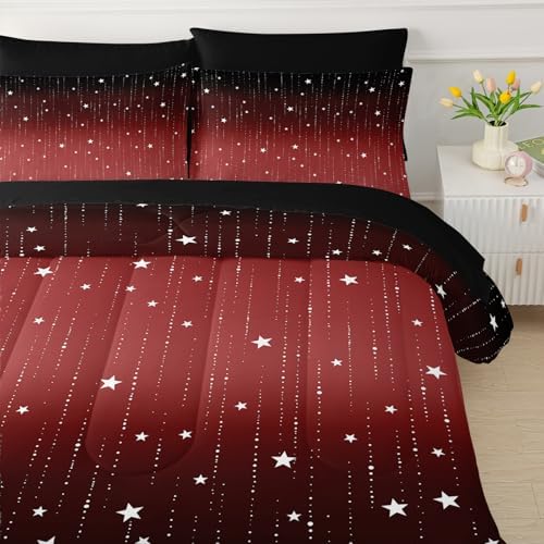 QOOMO Red Galaxy 7 Pieces Comforter Set Full,Starry Sky Bedding Set