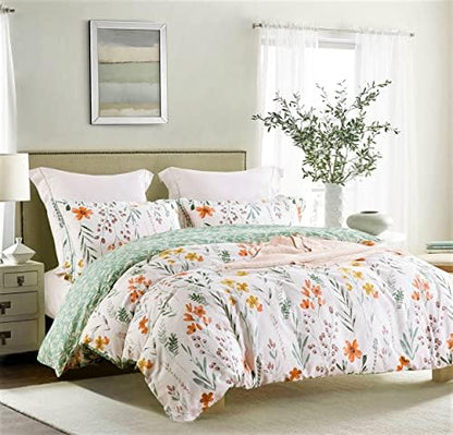 SLEEPBELLA King Size Comforter Set Yellow Flowers & Green Botanical Pattern Printed on White 100% Cotton Fabric, Ultra Soft Microfiber Inner Fill 3Pcs Bedding Set