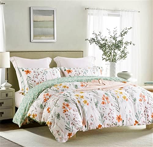 SLEEPBELLA Queen Size Comforter Set Yellow Flowers & Green Botanical Pattern Printed on White 100% Cotton Fabric, Ultra Soft Microfiber Inner Fill 3Pcs Bedding Set