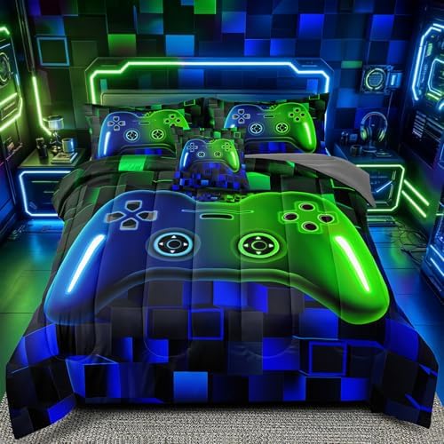 6 Pieces Gaming Bedding Set Queen Size for Boys, Blue Green 3D Video Game Controller Comforter Set for Girls Kids Teens, Cool Gamer Bedroom Decor with Sheets Pillowcases Queen55