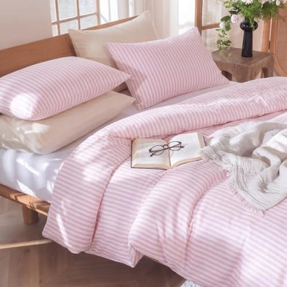 Bedbay Pink Striped Duvet Cover Set Queen Size, 100% Cotton 300TC Sateen, Dusty Rose Fine Stripe Bedding, Soft Smooth Breathable Luxury Sateen Set, 3 Pieces