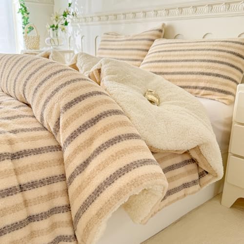 Cyusri Striped Sherpa Comforter Set 3Pcs Fluffy Warm Fleece Down Alternative, Beige Grey Bedding Set with 2 Pillowcases, King Size 104"x90"