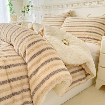Cyusri Striped Sherpa Comforter Set 3Pcs Fluffy Warm Fleece Down Alternative, Beige Grey Bedding Set with 2 Pillowcases, King Size 104"x90"