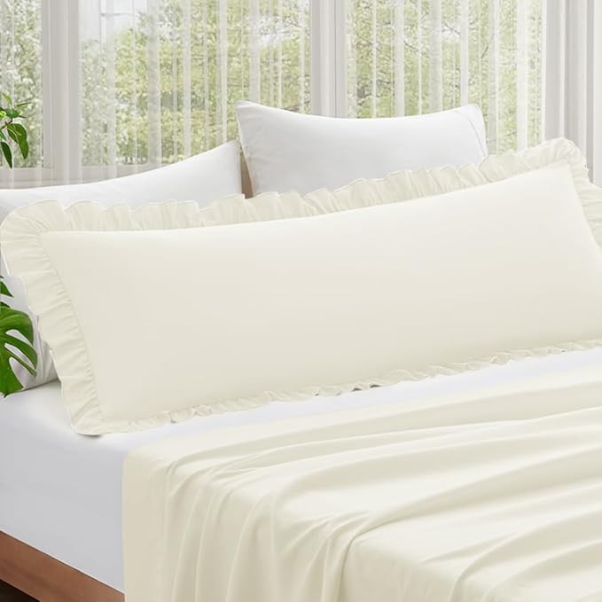 KKJIAF Ruffle Body Pillow Cases Set of 1, Ruffled Pillow Covers with Envelope Closure, Wrinkle Resistant Ruffled Long Pillow Shams 20" x 54", Beige