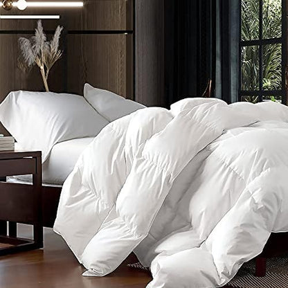 Luxurious Queen Size Goose Down Fiber Waterfowl Feather Fiber Comforter Duvet, 48 oz. Fill Weight, Baffle Box Design, White Solid
