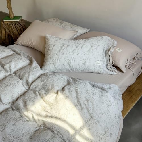VM VOUGEMARKET Double Gauze Crinkled Cotton Duvet Cover Set Queen,Rustic Beige Ink Bamboo Botanical Print Duvet Cover with Romantic Bow Ties