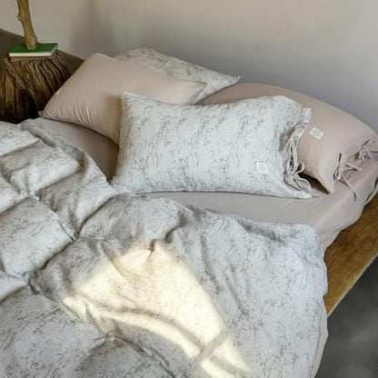 VM VOUGEMARKET Double Gauze Crinkled Cotton Duvet Cover Set Queen,Rustic Beige Ink Bamboo Botanical Print Duvet Cover with Romantic Bow Ties
