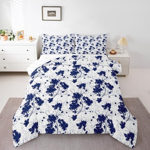 jejeloiu Blue Flower Comforter Set Queen Size Kids Floral Bedding Set for Boys Girls Teens Botanical Duvet Breathable Minimalist Aesthetics Quilt Bedroom Decor,1 Comforter with 2 Pillowcase