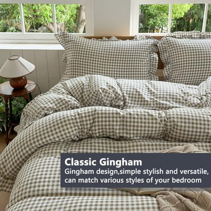 NSNLGSGC Tan Gingham Ruffle King Duvet Cover