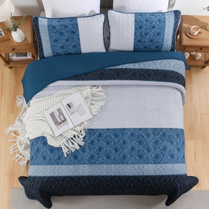 Cottolester Navy Blue Quilt Set Queen,Striped Plaid Bedspread Coverlet Set