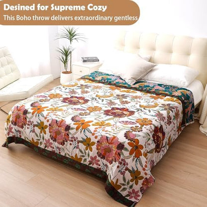 VANJOROY Boho Throw Blanket for Bed, 100% Cotton Muslin Soft Twin Throw-Floral Farmhouse Rustic Decor Blanket for Couch Sofa Quilt and Gift, 60" x 80"-BeigeWhite