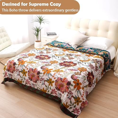 VANJOROY Queen Boho Throw Blanket for Bed, 100% Cotton Muslin Soft Throw-Floral Farmhouse Rustic Decor Blanket for Couch Sofa Quilt and Gift, 80" x 90"-BeigeWhite