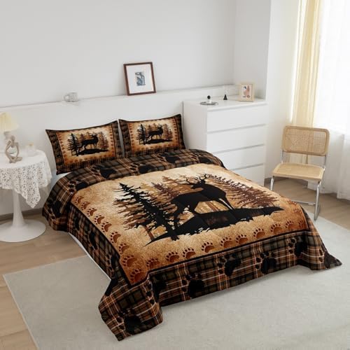 Castle Fairy Deer Bear Plaid Comforter Set Queen Size,Animal Hunting Bear Print Bedding Set for Women Adult,Pine Trees Rustic Retro Grid Luxury Bed Duvet Insert, 2 Pillowcases