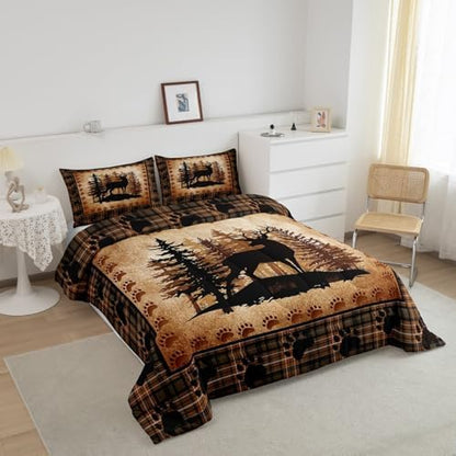 Castle Fairy Deer Bear Plaid Comforter Set Queen Size,Animal Hunting Bear Print Bedding Set for Women Adult,Pine Trees Rustic Retro Grid Luxury Bed Duvet Insert, 2 Pillowcases