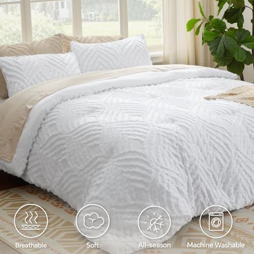 BEDELITE Boho Comforter Set Twin - Tufted Boho Bedding Set, Bright White
