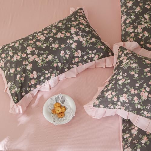 mixinni Vintage Floral Duvet Cover Set King Size – 100% Cotton Ruffle Lace Bedding, Pink Rose Flower and Green Leaf Print, Reversible Stripes Pattern, Grandmillennial Cottagecore Aesthetic 3Pcs