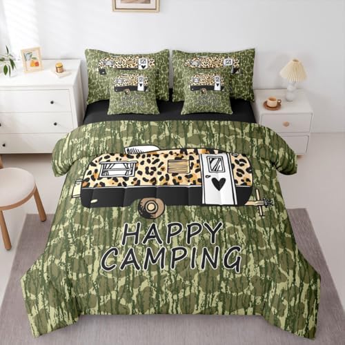 Erosebridal Happy Camping 7 Pieces Bedding Set Green Camouflage Twin Comforter Set for Boys Girls Leopard Print Camper Car Bed in A Bag with Flat and Fitted Sheet Camo Cheetah Pattern Wild Bed Set