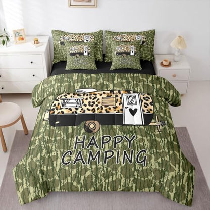 Erosebridal Happy Camping 7 Pieces Bedding Set Green Camouflage Twin Comforter Set for Boys Girls Leopard Print Camper Car Bed in A Bag with Flat and Fitted Sheet Camo Cheetah Pattern Wild Bed Set