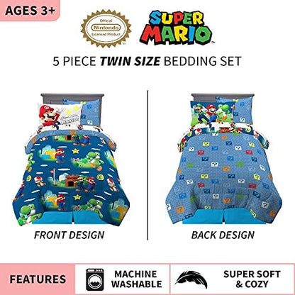 Super Mario Kids Bedding Set, Twin Size 5 Piece Comforter and Sheet Set with Sham, (Officially Licensed Product) by Franco